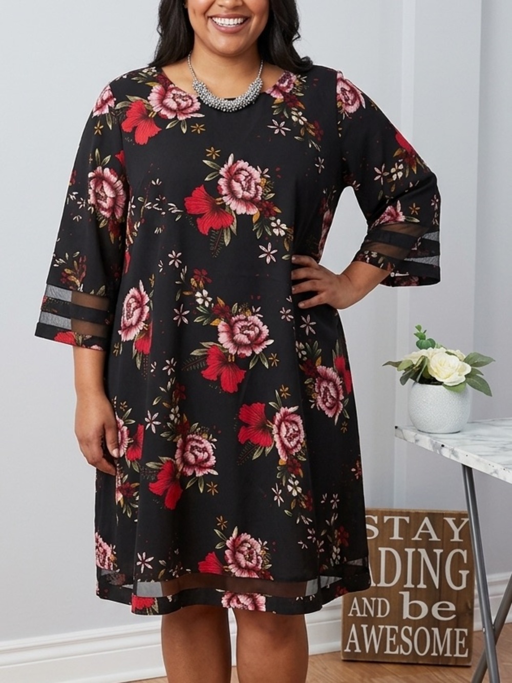 EMERY ROSE Black Dress Sheer Panels Red Floral Pattern 4X FITS SMALL LIKE 2X